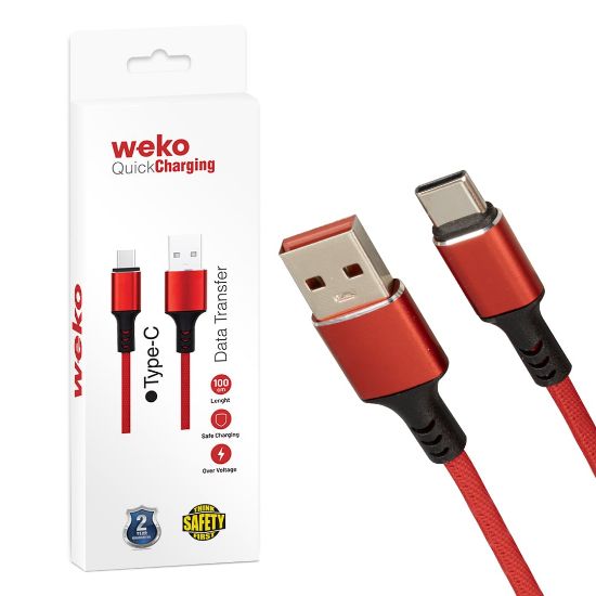WEKO USB TO TYPE-C ÖRGÜLÜ KIRMIZI 1 MT ŞARJ KABLOS resmi